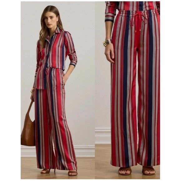 Lauren Ralph Lauren Pants - Lauren Ralph Lauren Women's Striped Satin Charmeuse Wide-Leg Pants Red Navy M